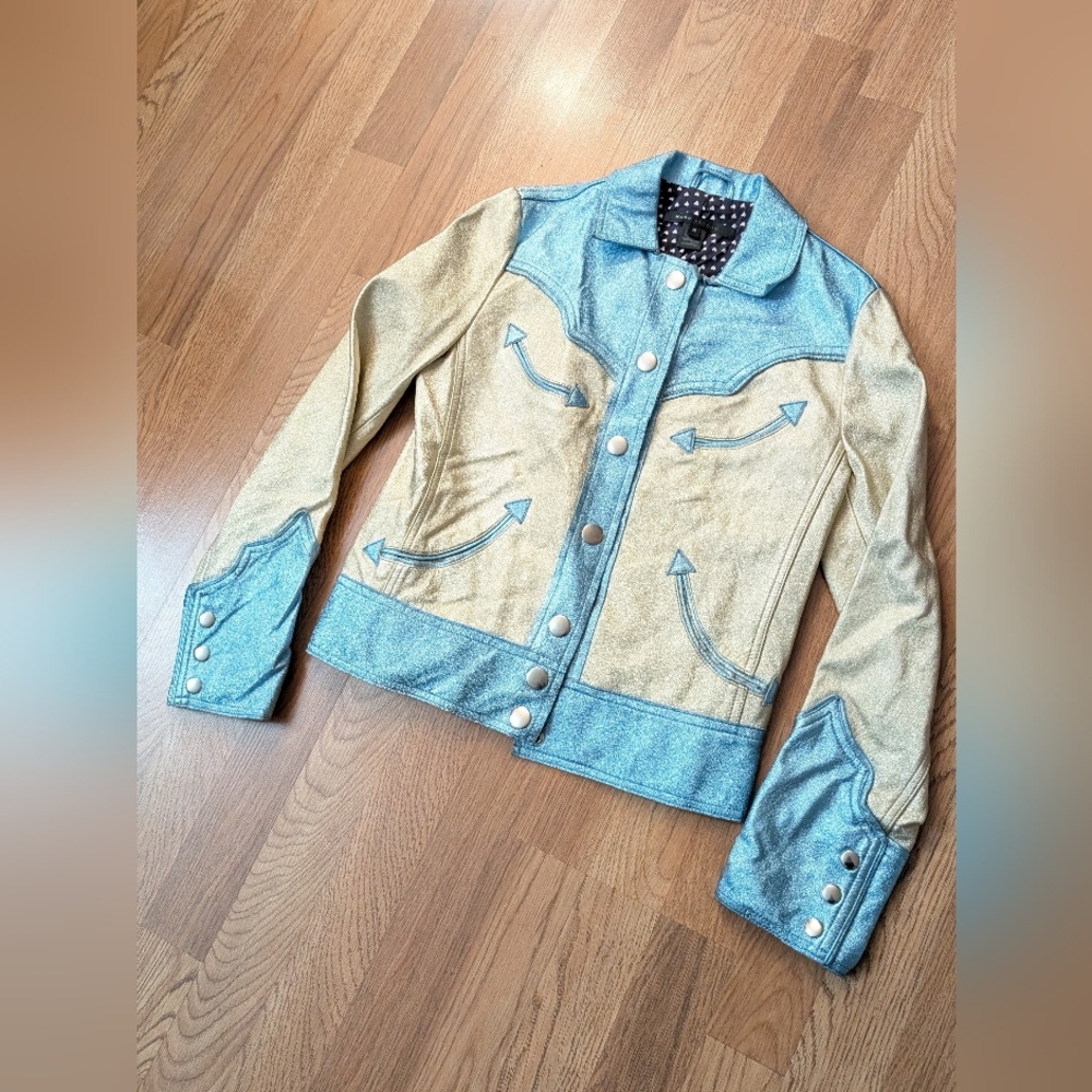 MARC JACOBS Blue western metallic womens cowboy leather Jacket vintage Coat sz S - Picture 5 of 13